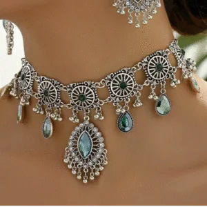 Light Green Jewelry Set – Bold Hollow Pendant Necklace & Earrings with Middle Eastern Boho Charm