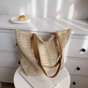 Woven Tote Bag– Beige Bag with Zipper, Shoulder Bag for Women – Travel, Shopping, Picnic & Summer Bag